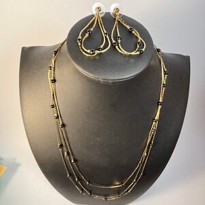 Necklace Earring Set Gold Tone Black Beads Elegant Goth Romantic Multistrand‎